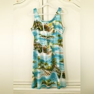 Puanani Hawaii Blue Tropical Ocean Print Empire Waist Sleeveless Dress Large